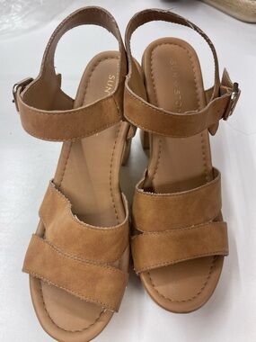 Sun + Stone Tan Strappy Block Heel Sandals